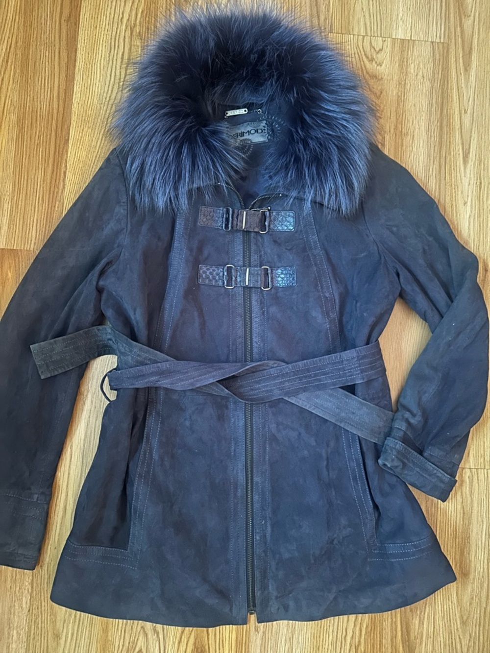Derimod Navy Blue Fur-Collar Leather and suede Jacket